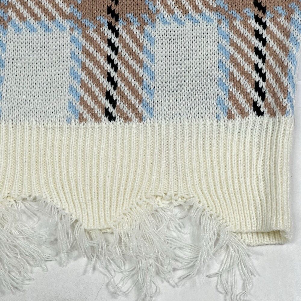 NEW Just Polly Junior Plaid Distressed V-Neck Fringe Boxy Pullover Sweater Large - Picture 7 of 10